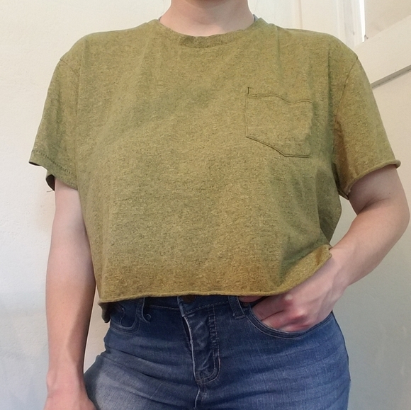 Vintage Single Stitch Blow Out Cropped Tee Pocket Army Green Distressed Thin - Picture 3 of 9
